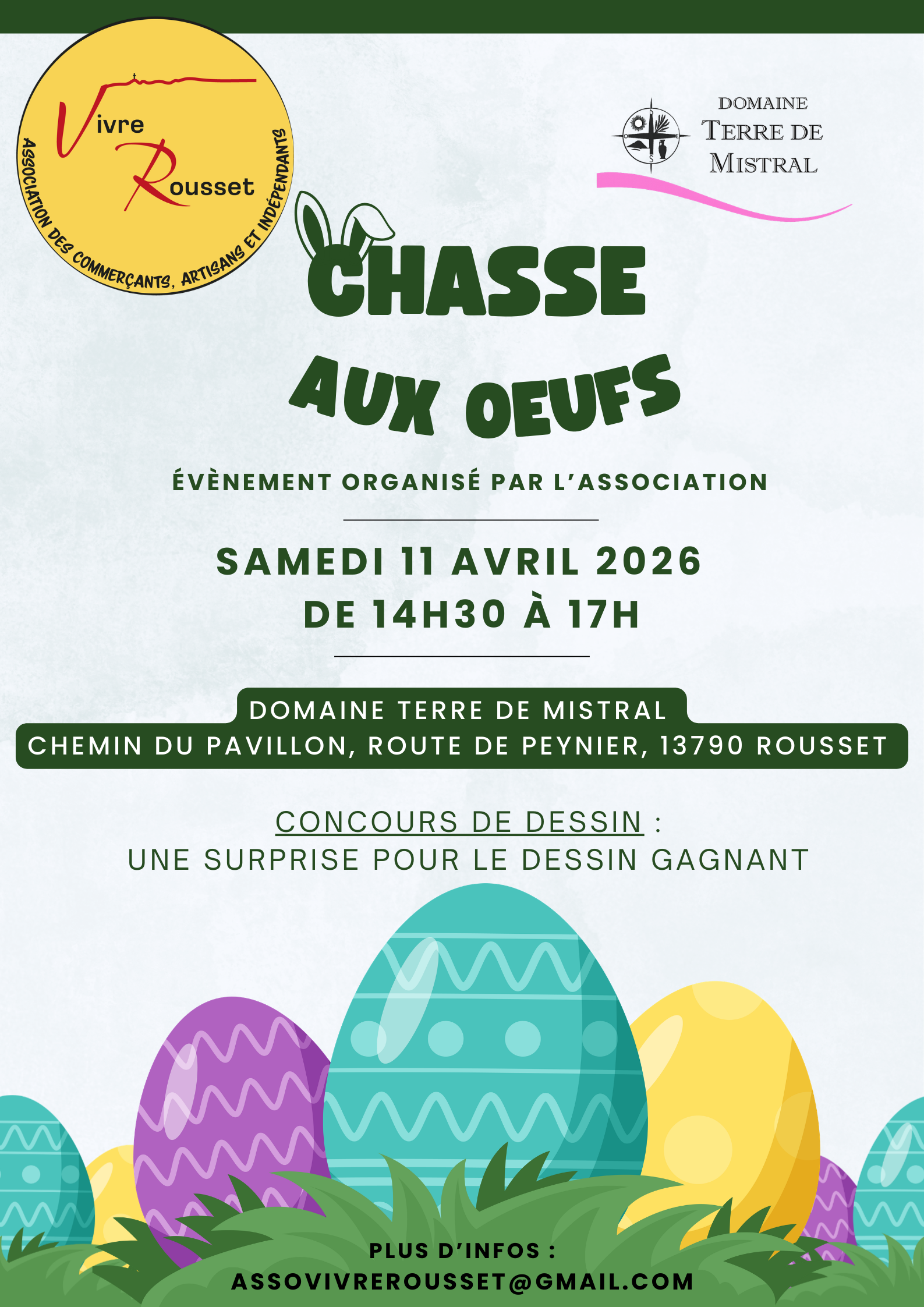 Affiche chasse aux oeufs Pâques Associtaion Vivre Rousset 2026